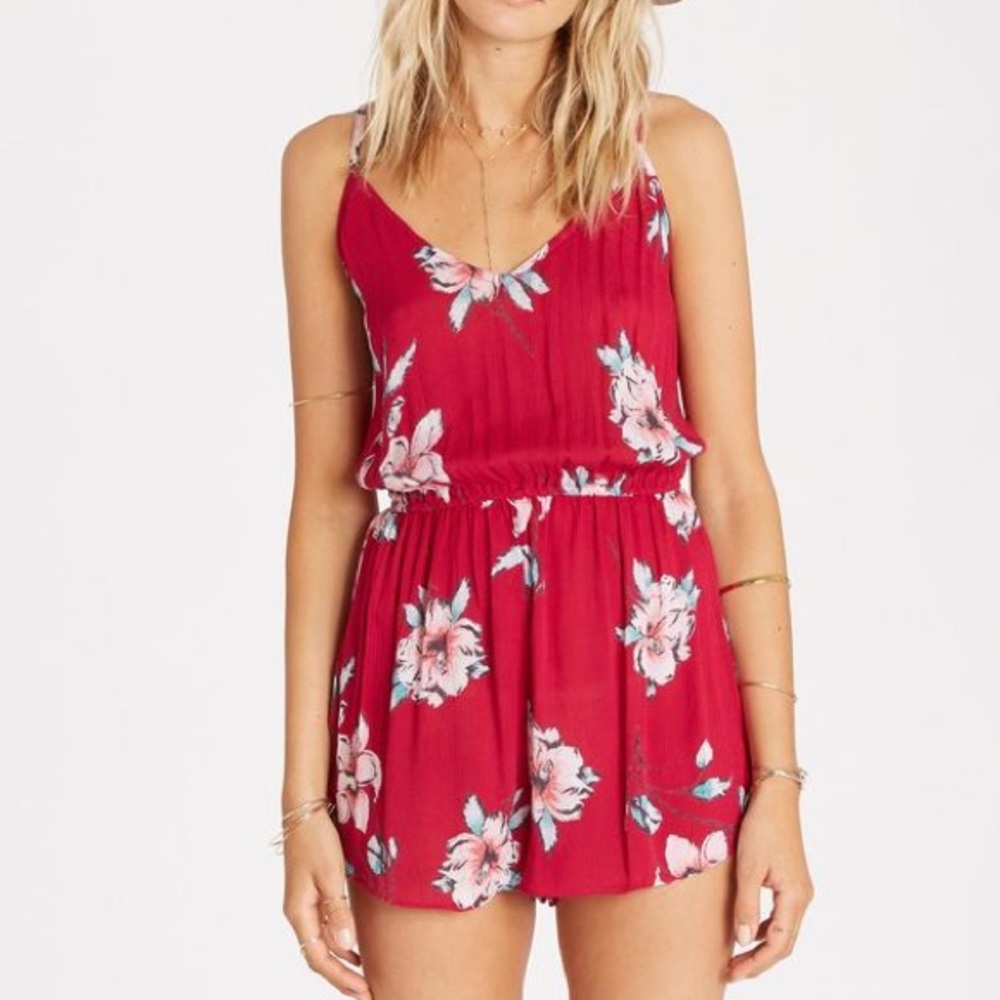 Billabong Hot Pink Floral Adjustable Strap Tie Back Romper